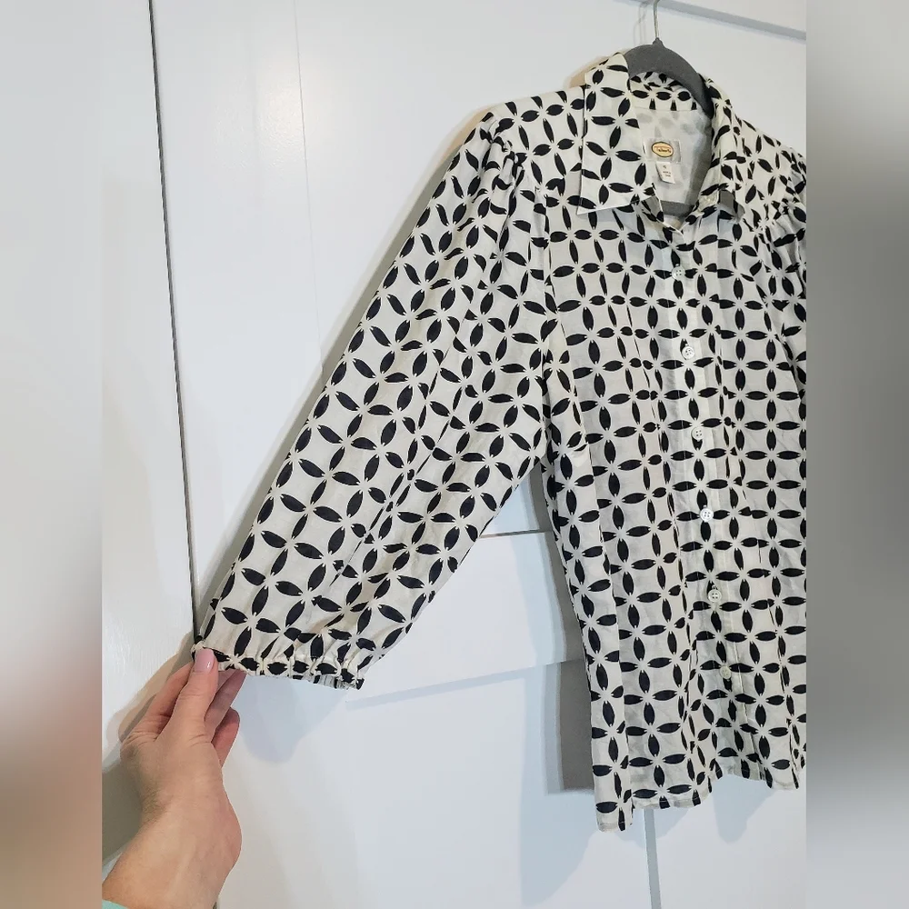 Talbots  Silk Cotton Vintage Button Down Shirt Black & White Print Size 10